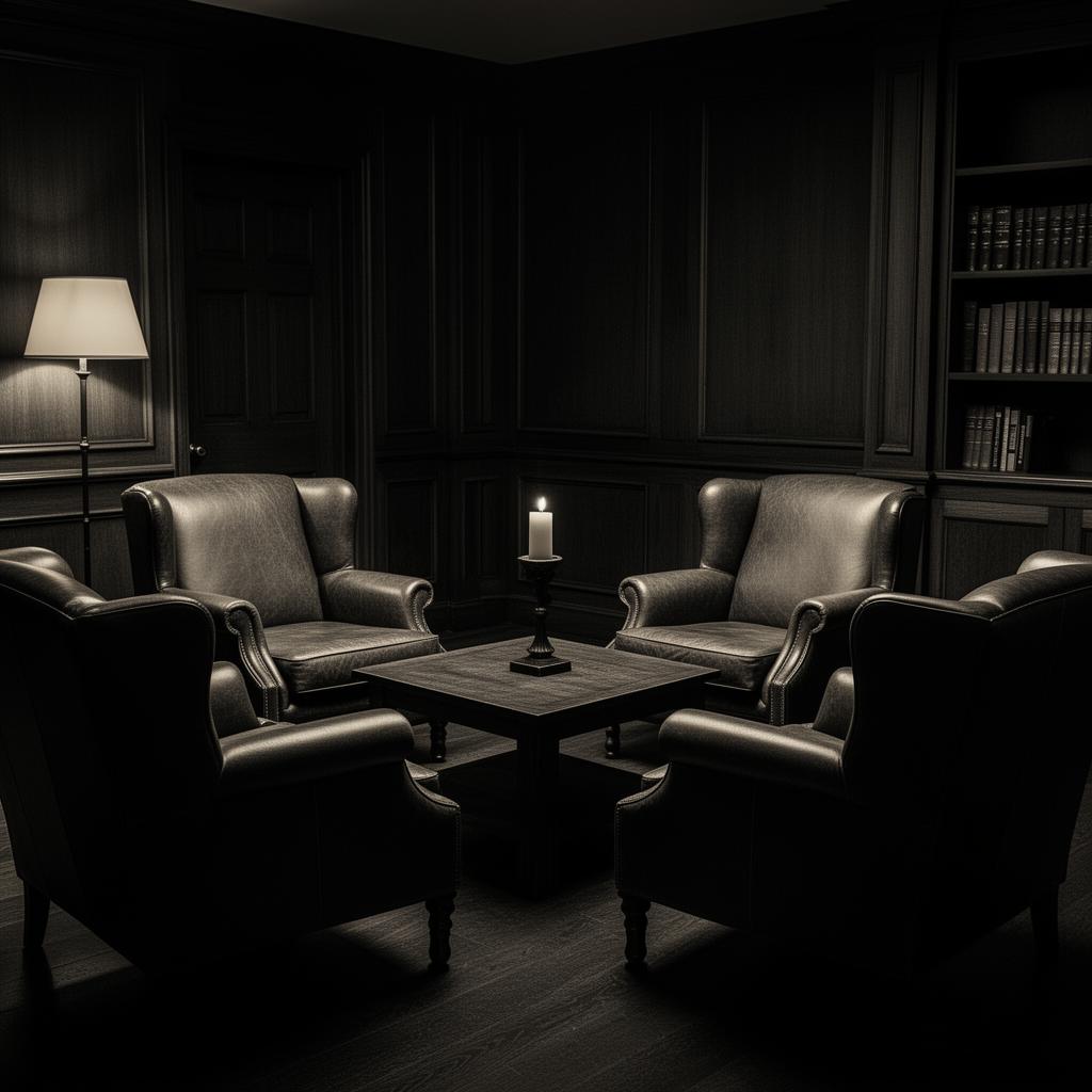 A circle of leather chairs in a wood-paneled study